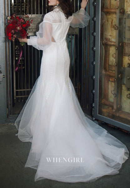 Mermaid Long Sleeves High Neck Sweep Train Lace Boho Wedding Dress