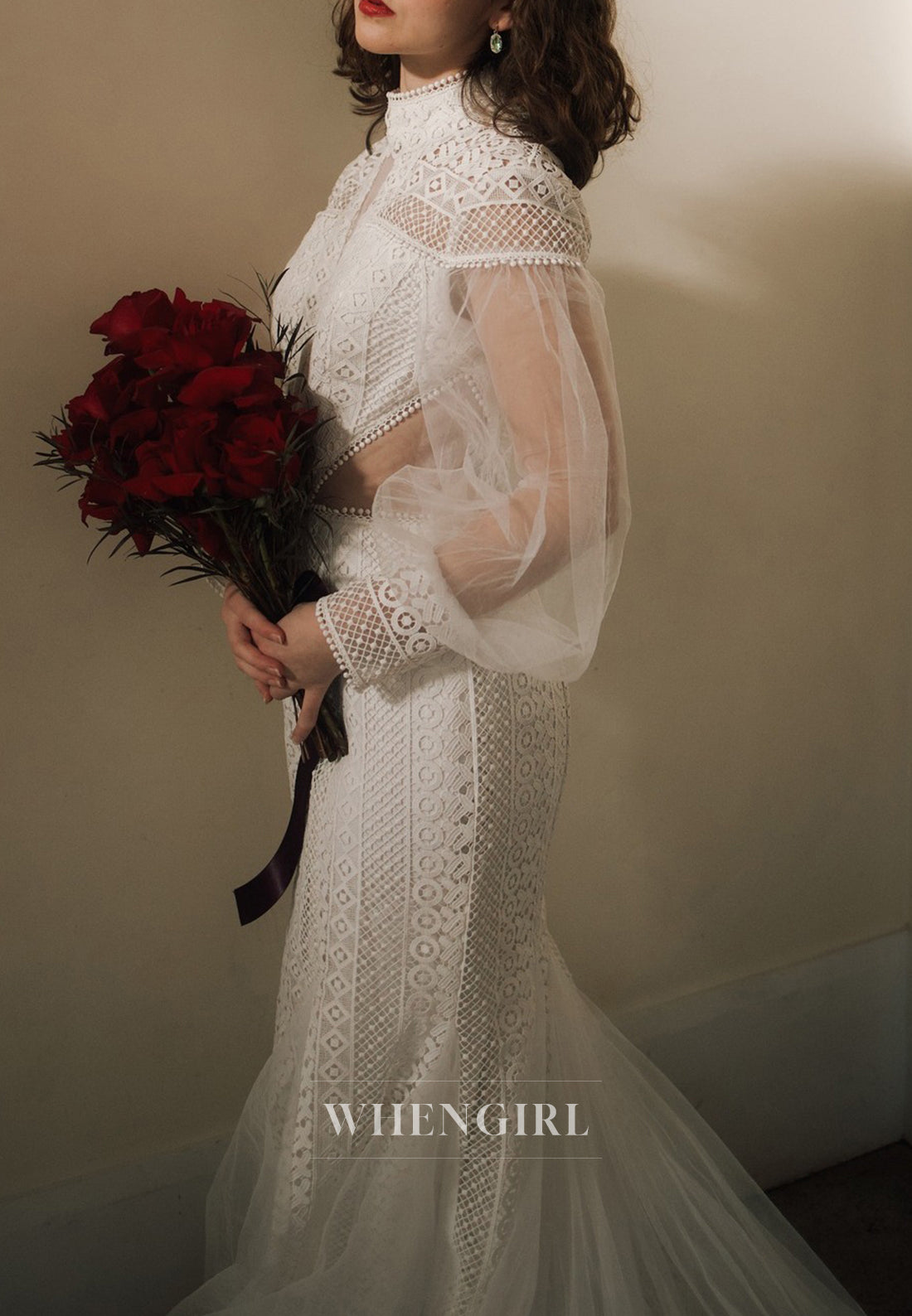 Mermaid Long Sleeves High Neck Sweep Train Lace Boho Wedding Dress