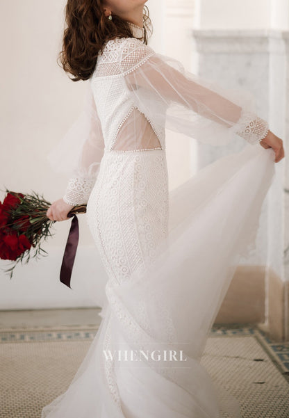 Mermaid Long Sleeves High Neck Sweep Train Lace Boho Wedding Dress
