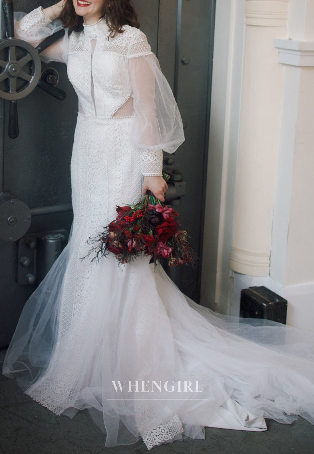 Mermaid Long Sleeves High Neck Sweep Train Lace Boho Wedding Dress
