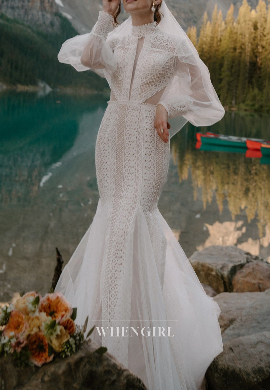 Mermaid Long Sleeves High Neck Sweep Train Lace Boho Wedding Dress