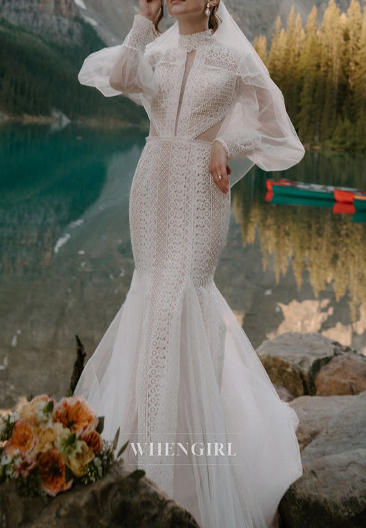 Mermaid Long Sleeves High Neck Sweep Train Lace Boho Wedding Dress