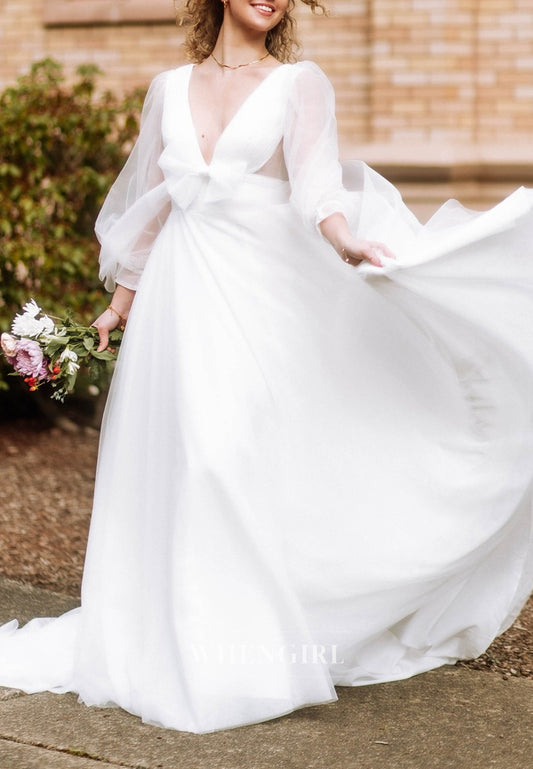A-Line V Neck Bowknot Long Sleeves Sweep Train Wedding Dress