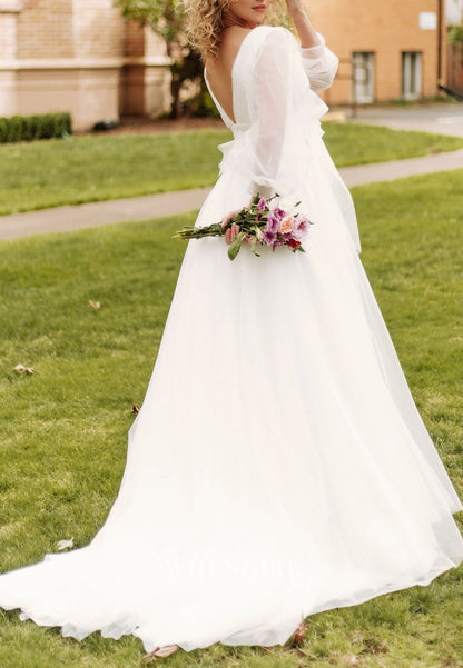 A-Line V Neck Bowknot Long Sleeves Sweep Train Wedding Dress