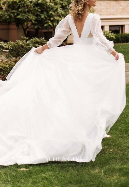 A-Line V Neck Bowknot Long Sleeves Sweep Train Wedding Dress