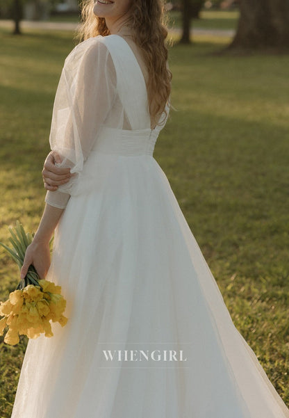 A-Line V Neck Bowknot Long Sleeves Sweep Train Wedding Dress