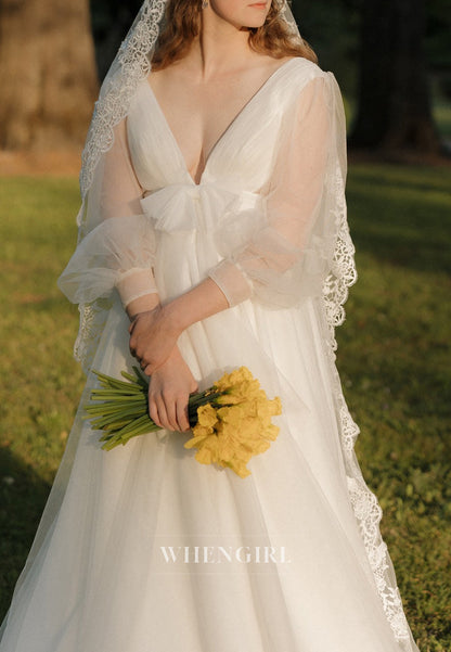 A-Line V Neck Bowknot Long Sleeves Sweep Train Wedding Dress