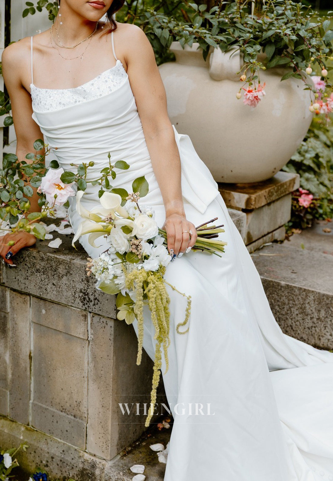 Sheath Pleated Beading Spaghetti Straps Sleeveless Sweep Train Wedding Dress