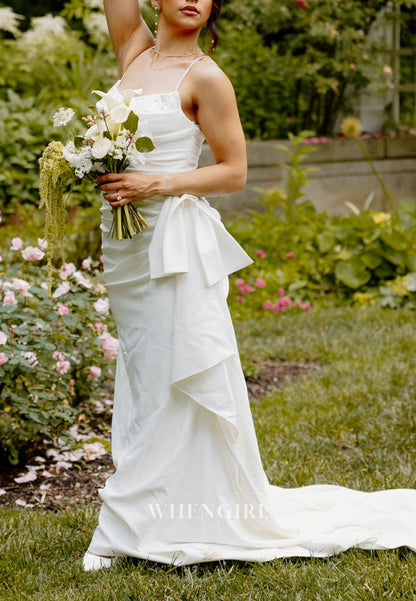 Sheath Pleated Beading Spaghetti Straps Sleeveless Sweep Train Wedding Dress
