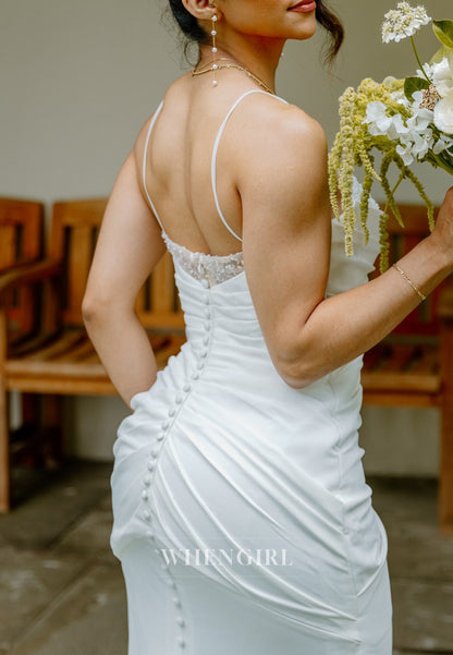Sheath Pleated Beading Spaghetti Straps Sleeveless Sweep Train Wedding Dress