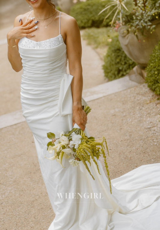 Sheath Pleated Beading Spaghetti Straps Sleeveless Sweep Train Wedding Dress