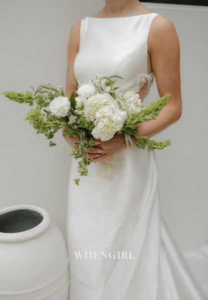 Column Bateau Neck Sleeveless Beaded Sweep Trian Wedding Dress
