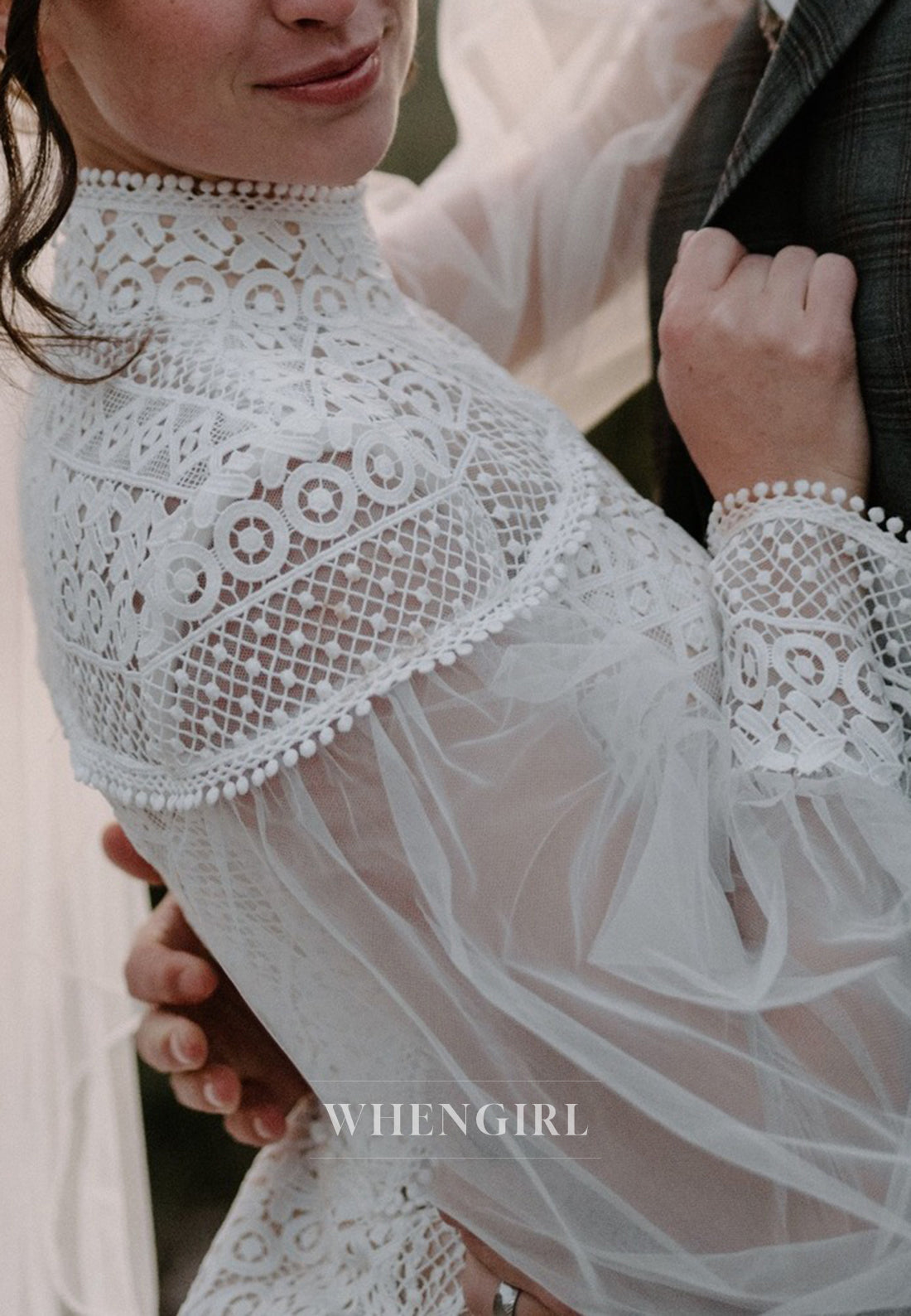 Mermaid Long Sleeves High Neck Sweep Train Lace Boho Wedding Dress