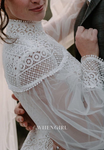 Mermaid Long Sleeves High Neck Sweep Train Lace Boho Wedding Dress