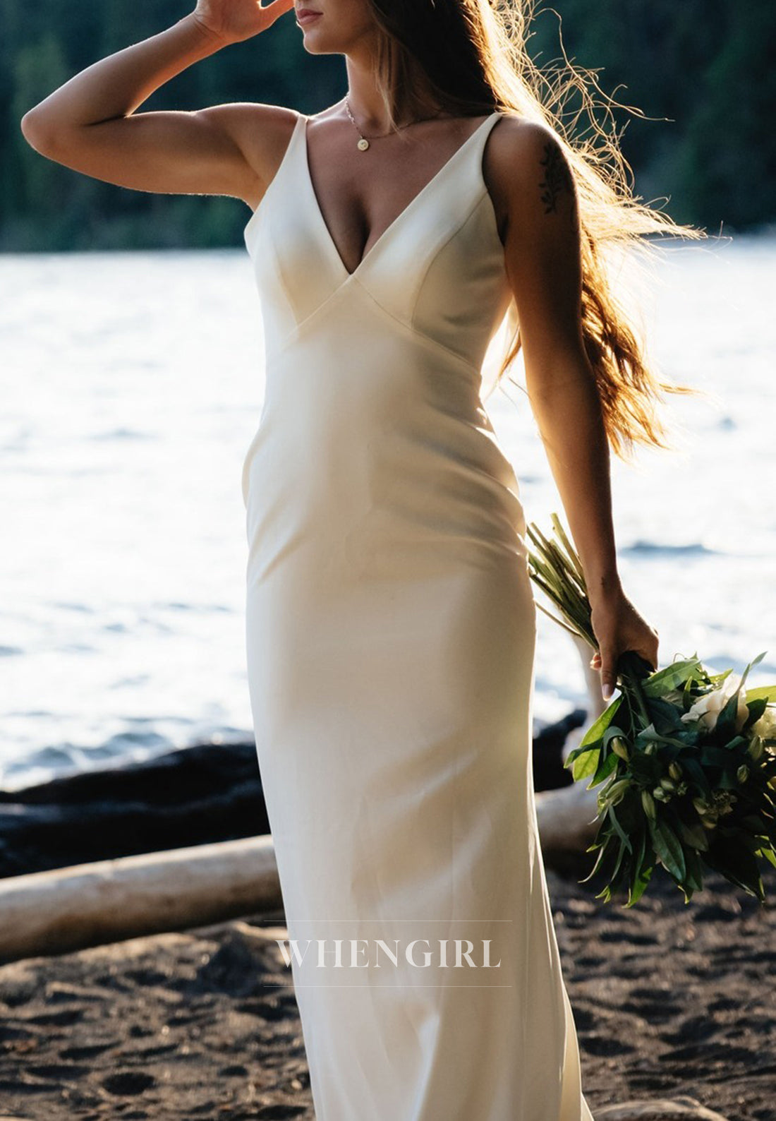 Simple V Neck Sleeveless Sweep Train Sheath Wedding Dress
