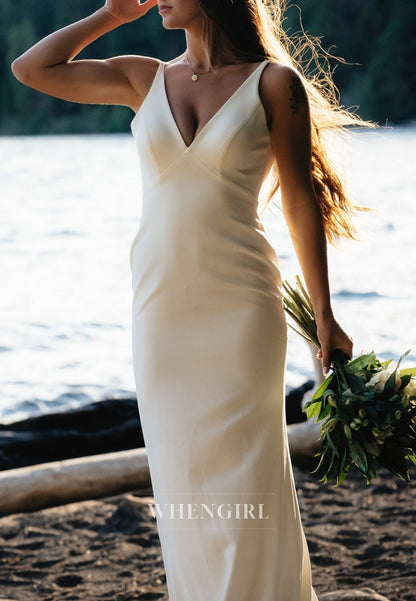 Simple V Neck Sleeveless Sweep Train Sheath Wedding Dress