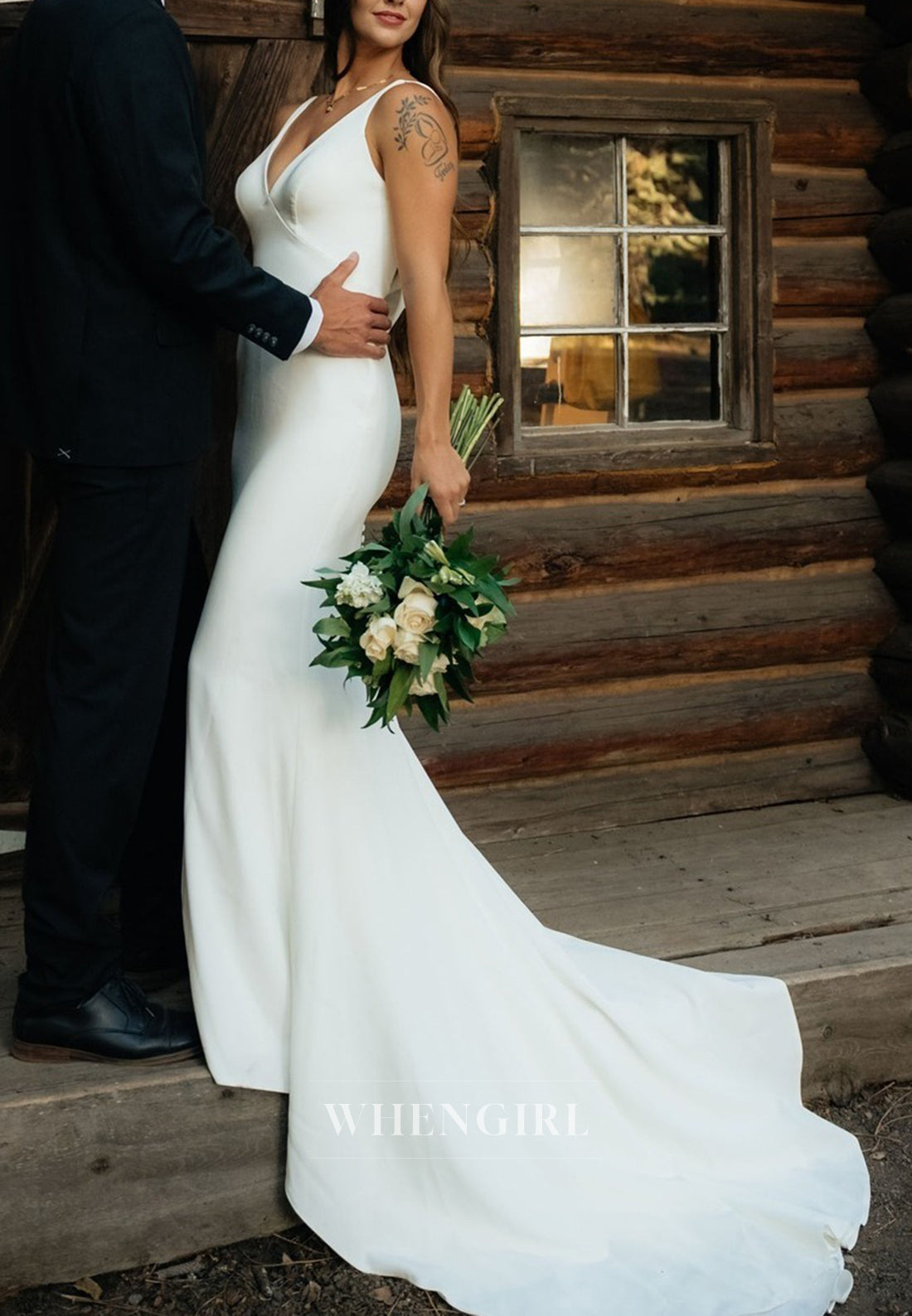 Simple V Neck Sleeveless Sweep Train Sheath Wedding Dress