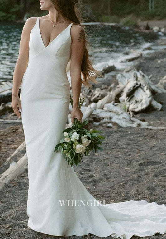 Simple V Neck Sleeveless Sweep Train Sheath Wedding Dress