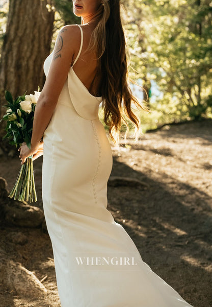 Simple V Neck Sleeveless Sweep Train Sheath Wedding Dress