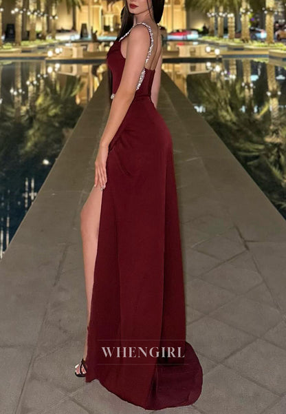 Sheath Burgundy Beaded Rhinestones Square Neck Sleeveless Formal Evening Gown with Side Slit
