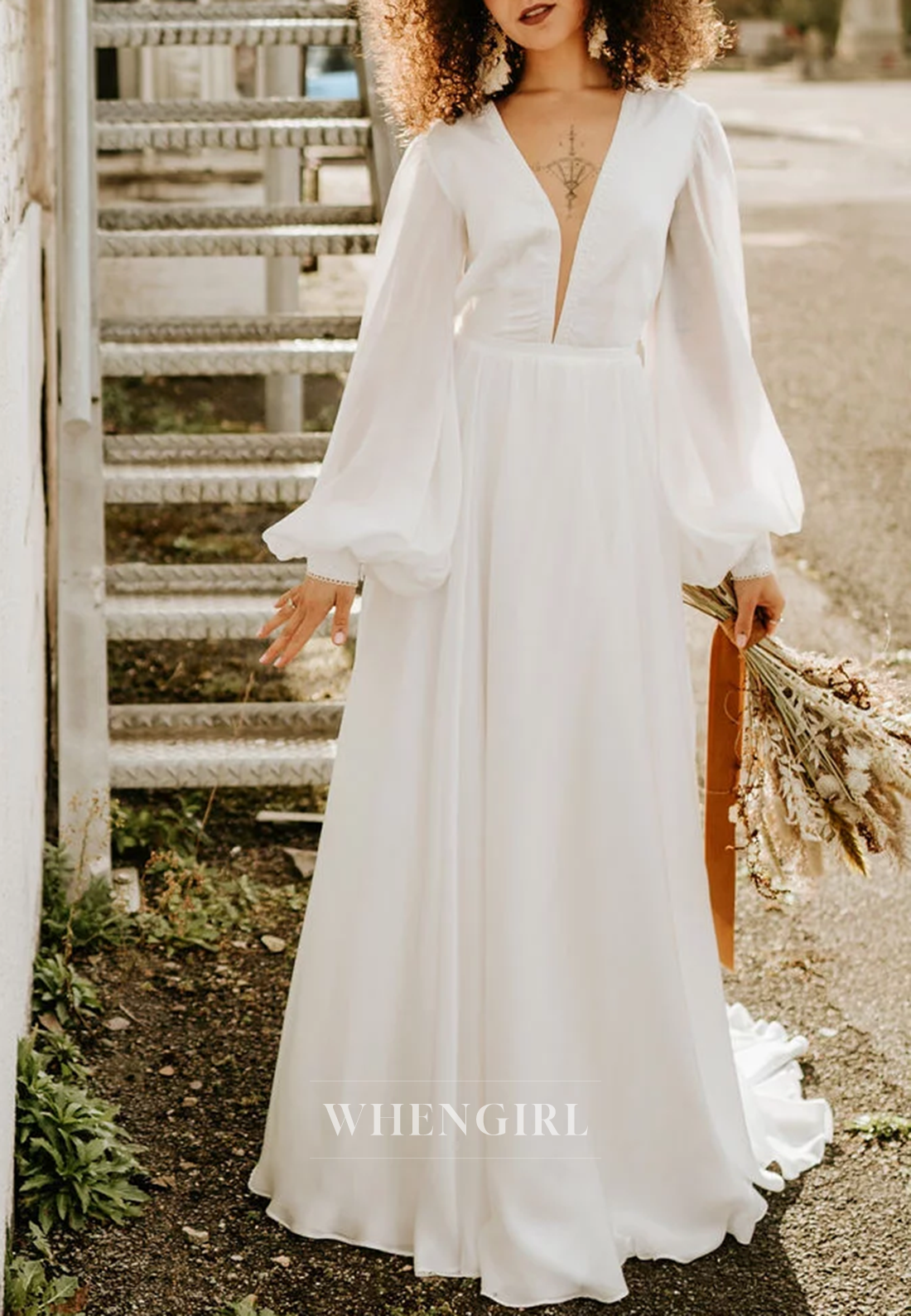 A-Line V Neck Long Puff Sleeves Sweep Trian Tassel Beach Wedding Dress