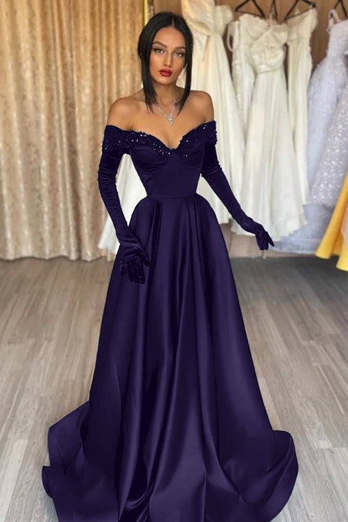 Glamorous Black Off the Shoulder Long Sleeves A Line Evening Dress with Appliques