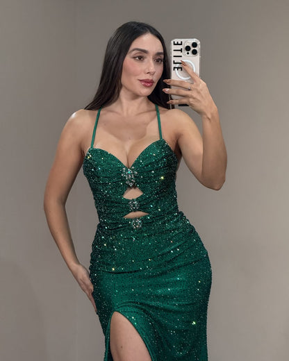 Timeless Sleeveless Split Dark Green Halter Strap Mermaid Beaded Prom Dress