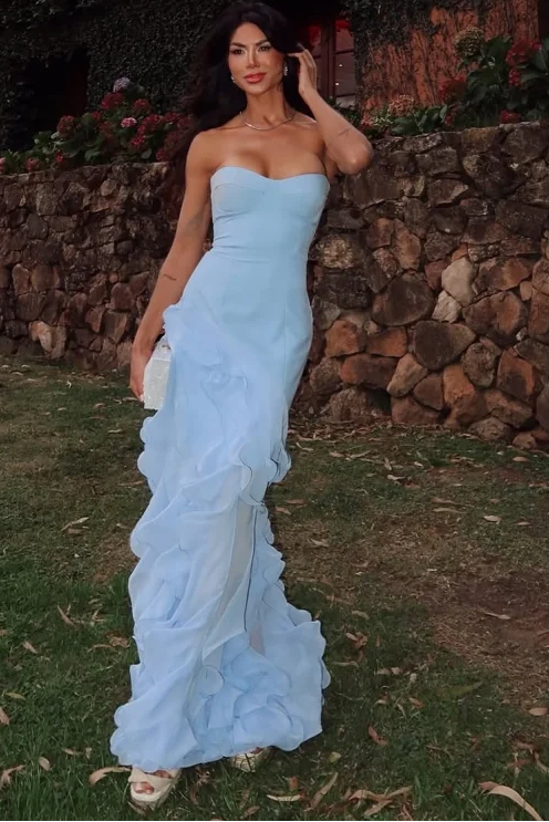 Chiffon Sweetheart Strapless Sleeveless Long Prom Dress With Ruffles