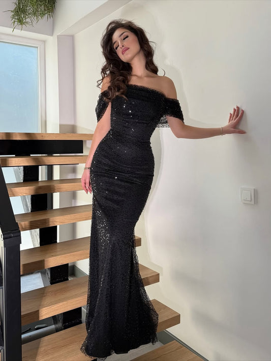 Floor Length Exquisite Off-The-Shoulder Black Pleated Beaded Prom Dress