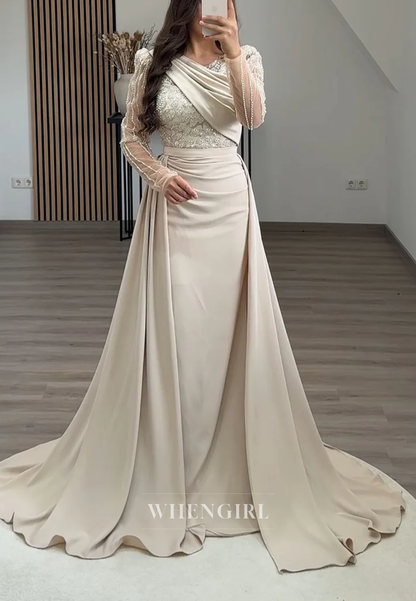V Neck Pleated Long Sleeves Beaded Sheath Formal Evening Gown with Sweep Train