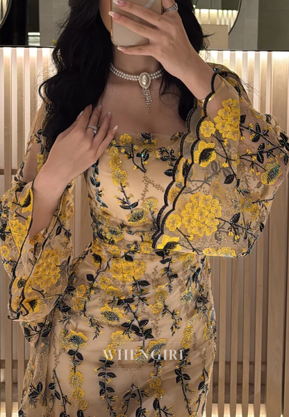 Elegant Long Sleeves Floral Sheath Square Neck Beaded Appliqued Formal Evening Dress