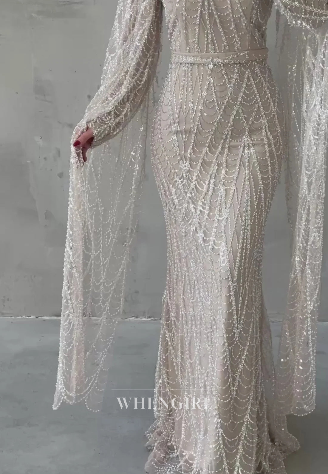 High Neck Floor Length Long Sleeves Full Beaded Sheath Evening Formal Gown