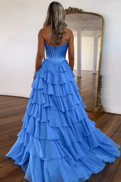 Cute A Line Sweetheart Light Blue Tiered Chiffon Prom Dress with Slit