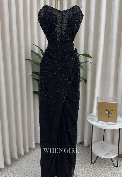 Sheath Full Beaded Strapless Sleeveless Pleated Side Slit Formal Prom Dress