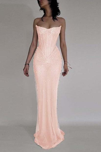 Luxurious Nude Corset Strapless Prom Dress Sleeveles with Crystal