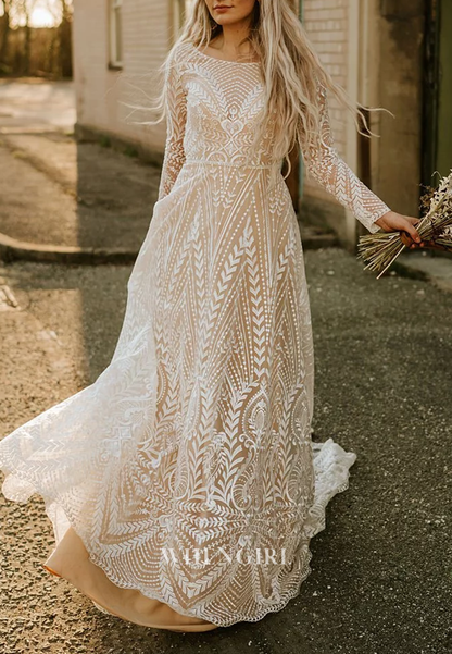 A-Line Boho Bateau Neck Long Sleeves Lace Cut Out Back Wedding Dress with Sweep Train
