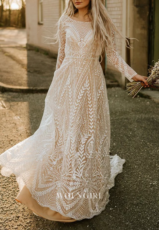 A-Line Boho Bateau Neck Long Sleeves Lace Cut Out Back Wedding Dress with Sweep Train