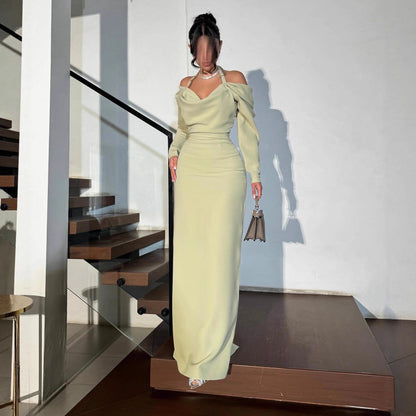 Sage Elegant Off-Shoulder Long Sleeve Slim-Fit Gown