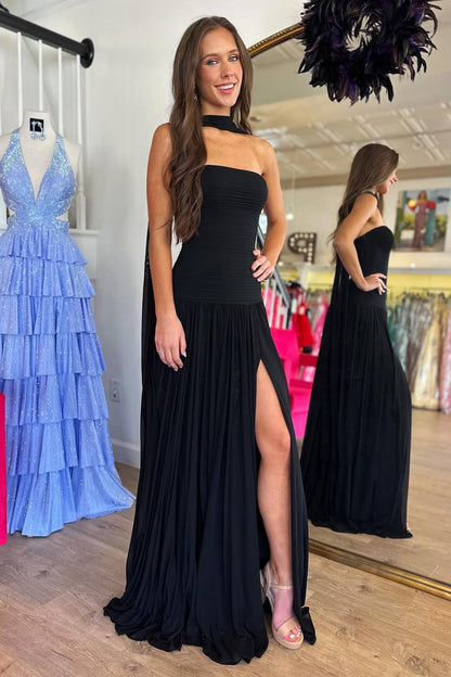 Cute Sheath Strapless Black Chiffon Prom Dress with Slit