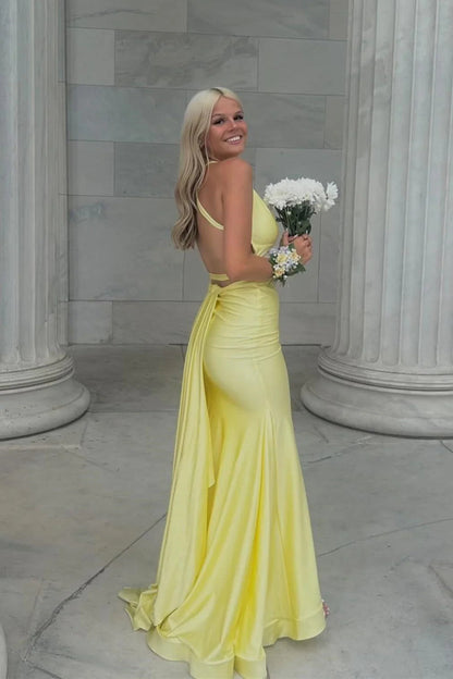 Mermaid V Neck Yellow Satin Prom Dress with Cross Back