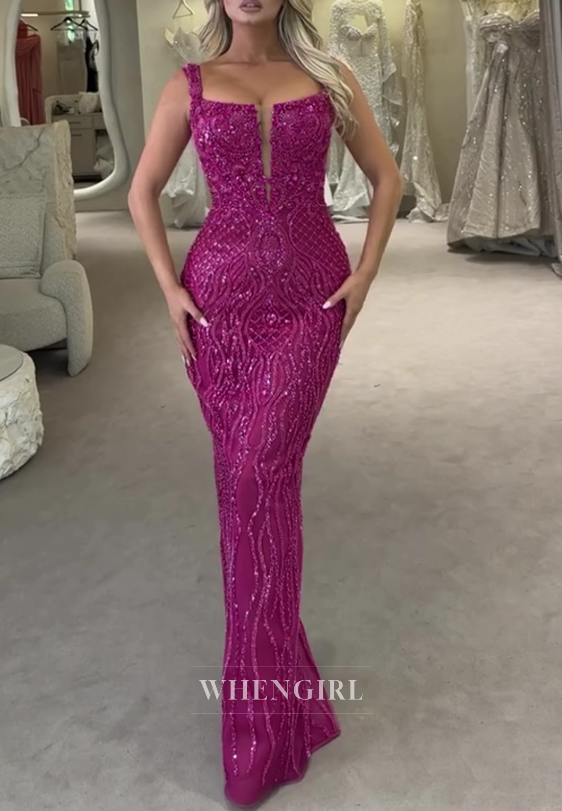 Fuchsia V Neck Regular Straps Full Rhinestones Beafing Formal Prom Dress