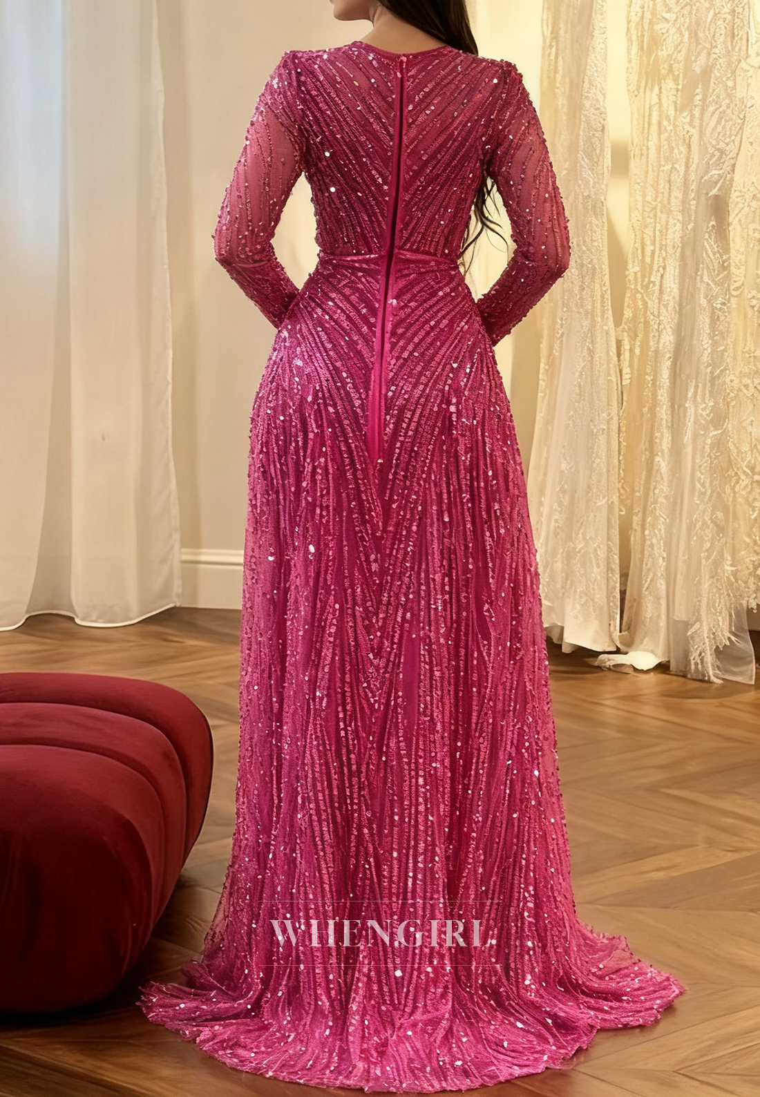 Fuchsia A-Line Bateau Neck Long Sleeves Beaded Back Zipper Evening Formal Gown