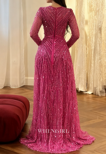 Fuchsia A-Line Bateau Neck Long Sleeves Beaded Back Zipper Evening Formal Gown