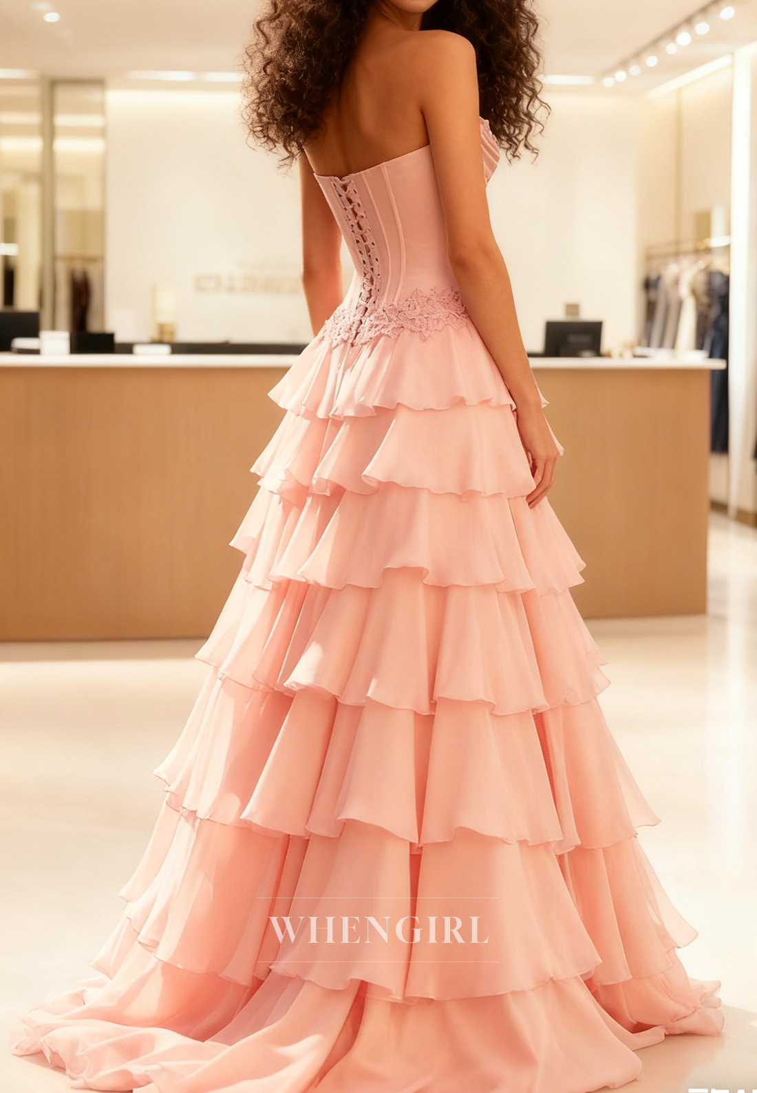 Pink A-Line Multi Tiered Ruffles Lace Up Sleeveless Prom Dress