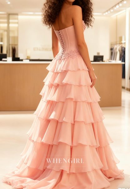 Pink A-Line Multi Tiered Ruffles Lace Up Sleeveless Prom Dress