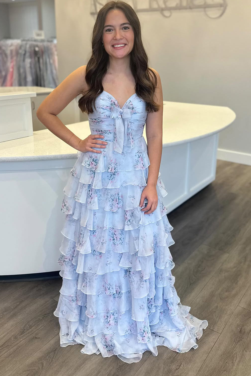 Cute A Line Sweetheart Floral Chiffon Tiered Prom Dress with Slit