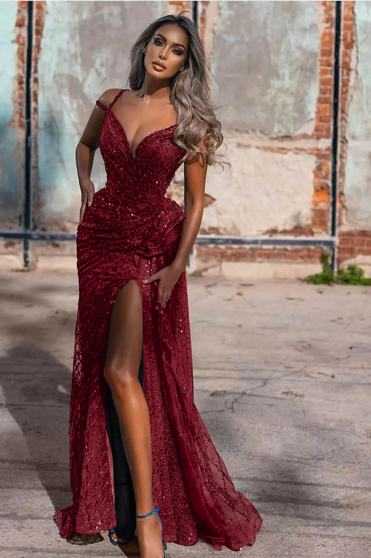 Royal Blue Off the Shoulder Sleeveless Evening Dress Mermaid Sequins With Split