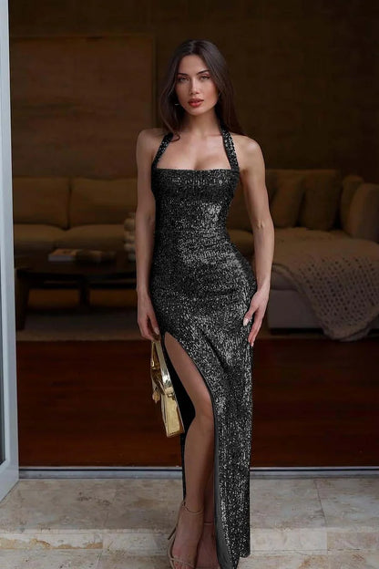 Halter Neck Strapless Sleeveless Long Mermaid Prom Dress With Sequins And High Split