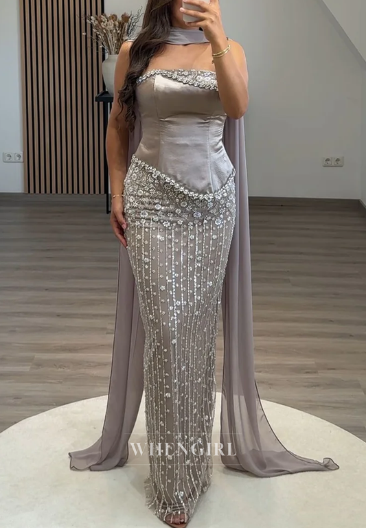 Sheath Strapless Sleeveless Rhinestones Beading Long Evening Formal Gown with Scarf