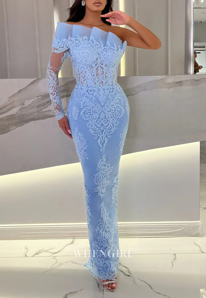 Sky Blue Asymmeitrical Neck Appliques Lace Sheath Formal Evening Gown with One Sleeve